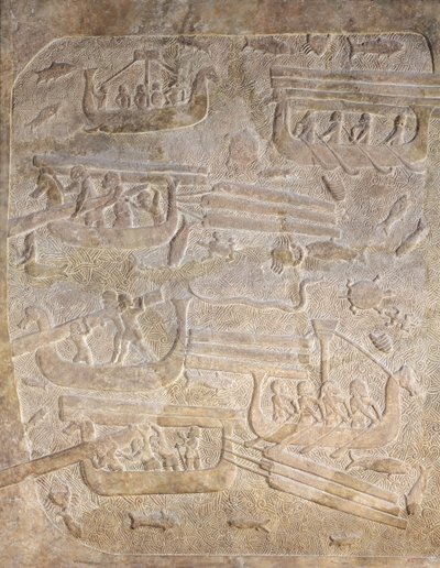 Relieve que representa la descarga de madera después del transporte por mar, del Palacio de Sargón II, Khorsabad, Irak de Assyrian